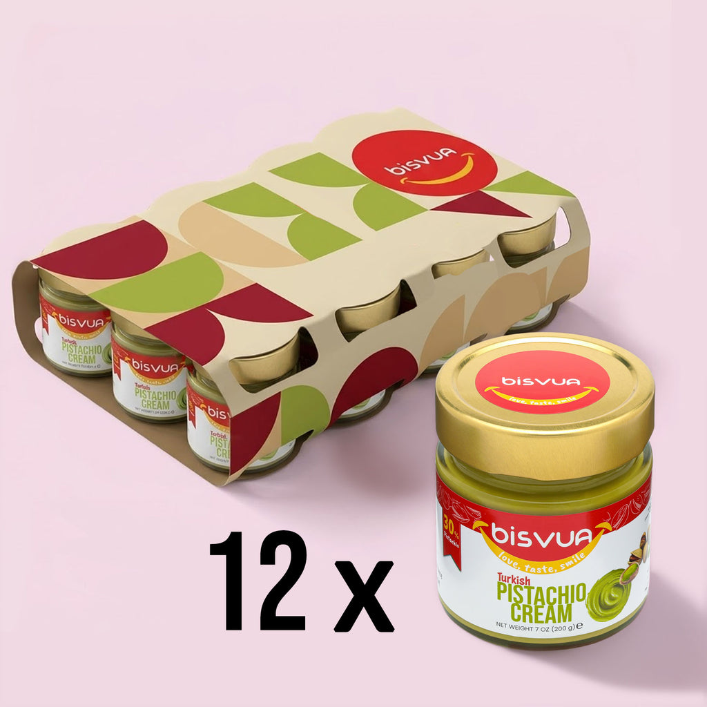 Bisvua Pistachio Cream Spread 12 Pack - 30% Turkish Pistachio Cream 200g (7.02 oz) x 12